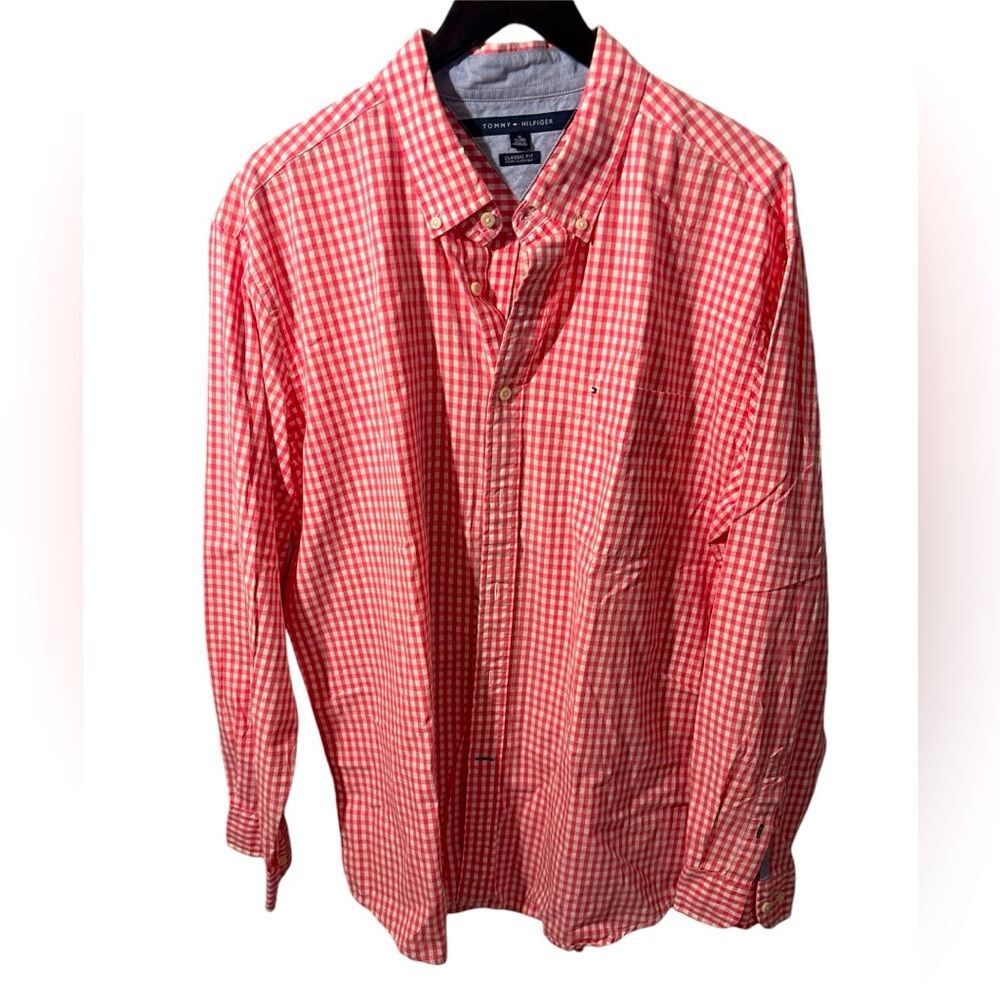 Tommy Hilfiger Men's Size XL LS Pink & White Checked Dress Shirt 100% Cotton